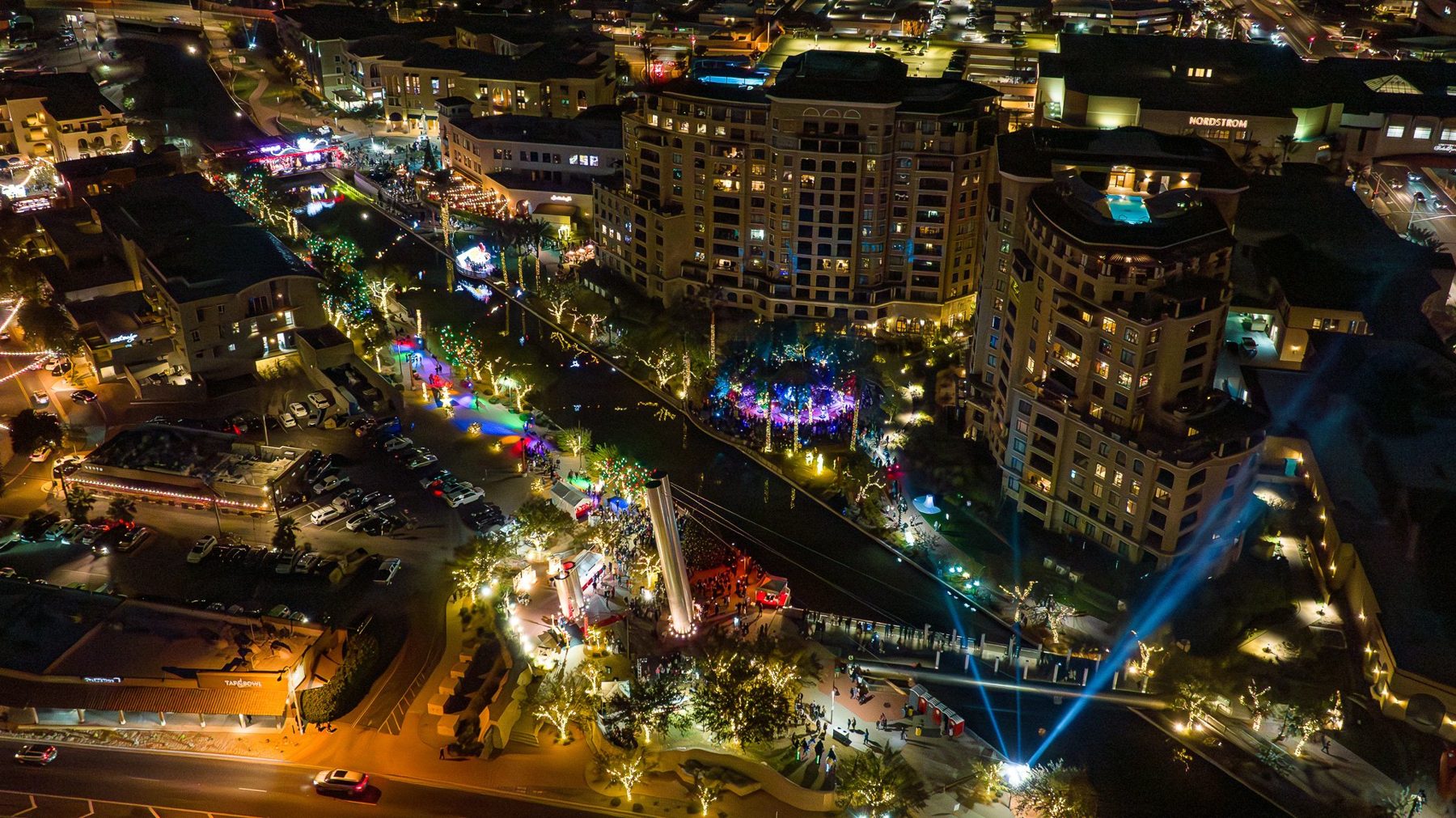 The Scottsdale waterfront at night from the air